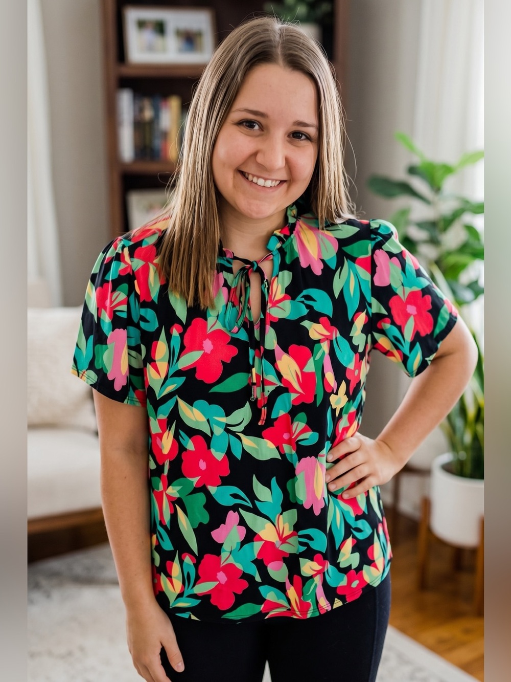 Haptics Floral Print Front Tie Blouse